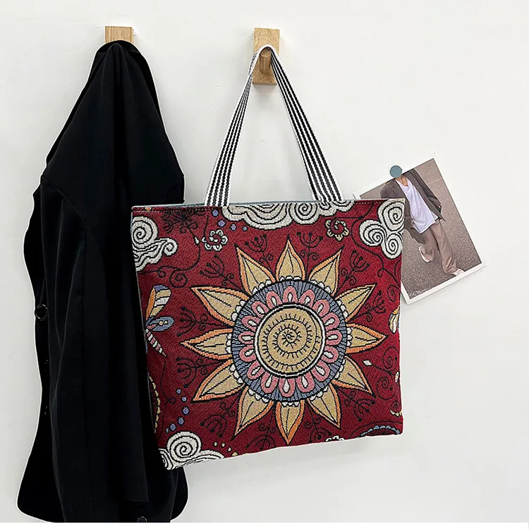 Embroidery retro large capacity large flower pattern canvas shopping tote bags manufacturer