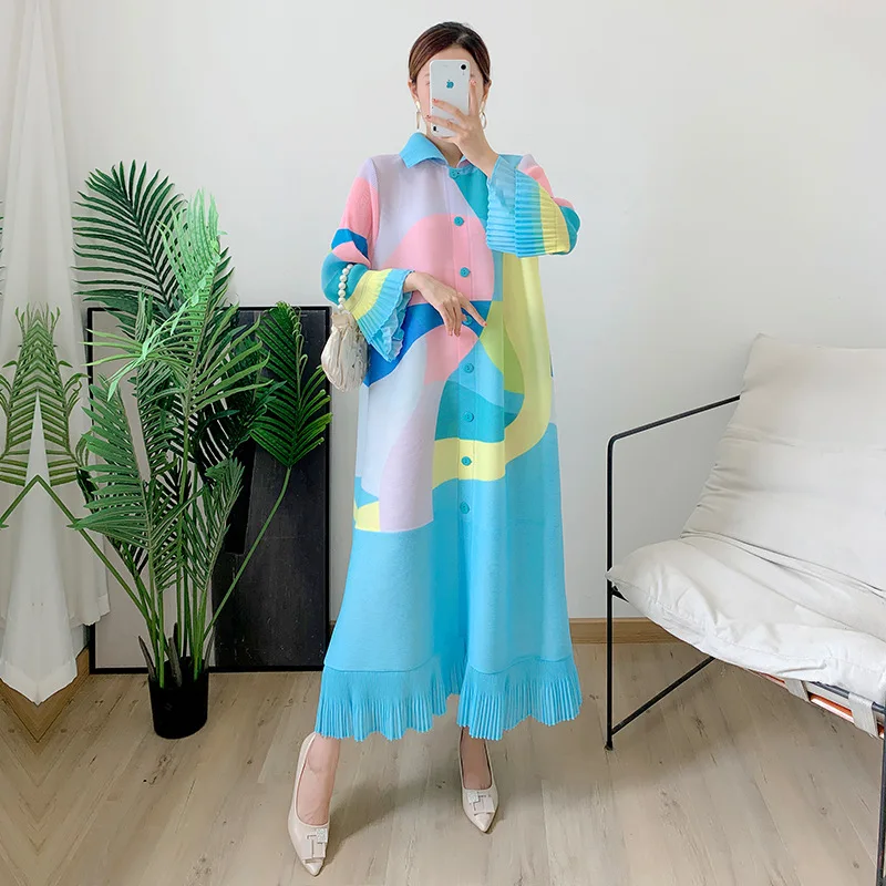 High Quality Miyake Pleated Print Shirt Dress Petal Fashion Casual European and American Women Plus Size Dress