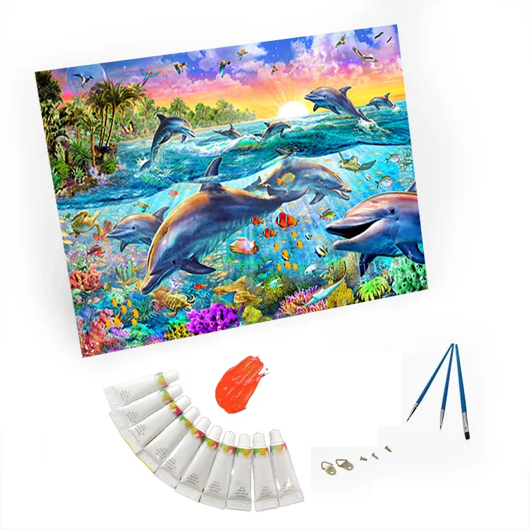DIY Framed Oil painting by number kits on canvas Dolphins and the Sea World picture paint by number for adults classic