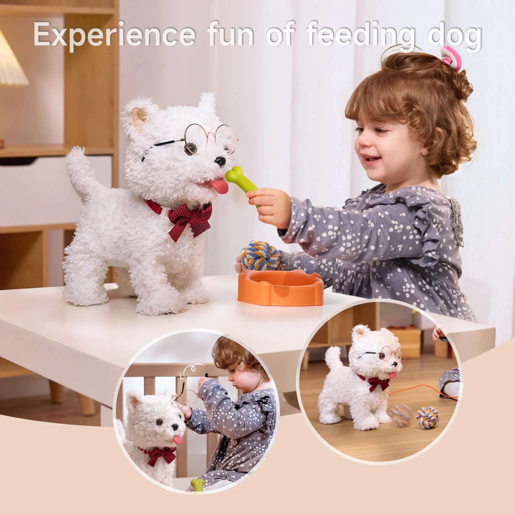 Tumama Kids Surprise Gift Products White Plush Pet Dog Electric Playing Toys Touch Control Doggy Puppy Walking Toy with Leash