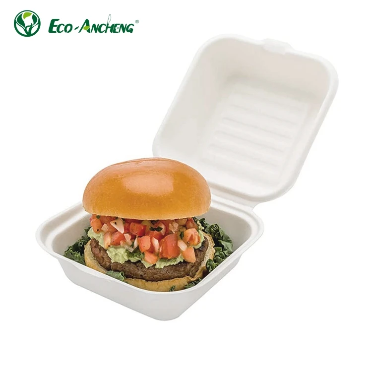 Green and Eco-friendly Compostable Sugarcane Bagasse Clamshell Box Takeaway Disposable Sugarcane Bagasse Food Container