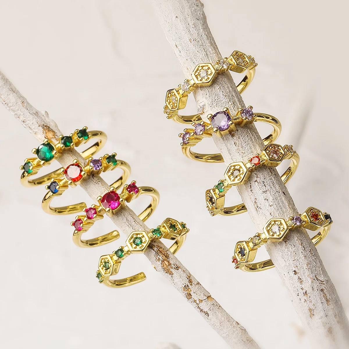 Mixed Order Jewelry Colourful Gemstone Ring Amethyst Wholesale Chinese Jewellery Plated 18K Gold Geometric Open Ring Women