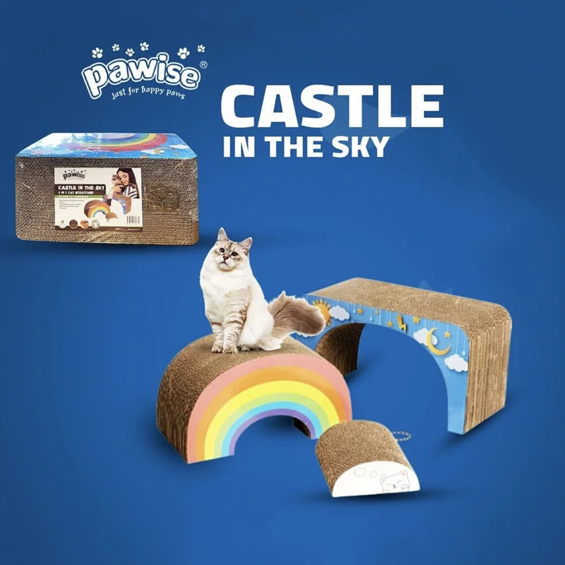 Pawise Multi-Function Scratch Resistant Cute Castle In the Sky 3 In 1 Cat Scratcher Removable Kitten Scratching Cardboard Toy