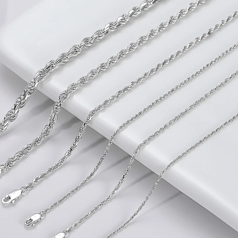 Fine Jewelry 925 Sterling Silver Rope Chain Necklace Woman Man Choker Clavicle Diamond Cut Twist Rope Chain 16-22inch