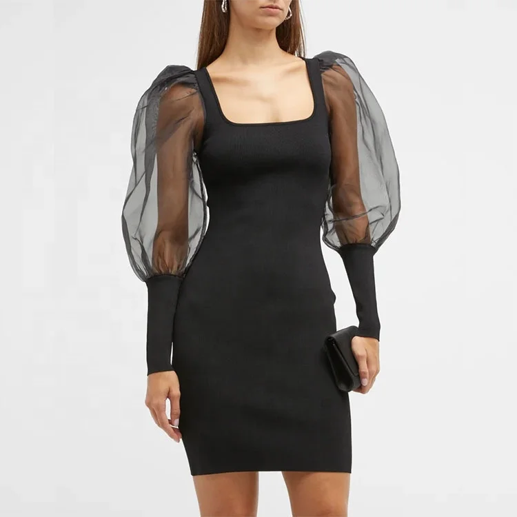 Factory Custom black square neck gauze bubble sleeve korean french hepburn style sexy mini package hip party wear dresses women