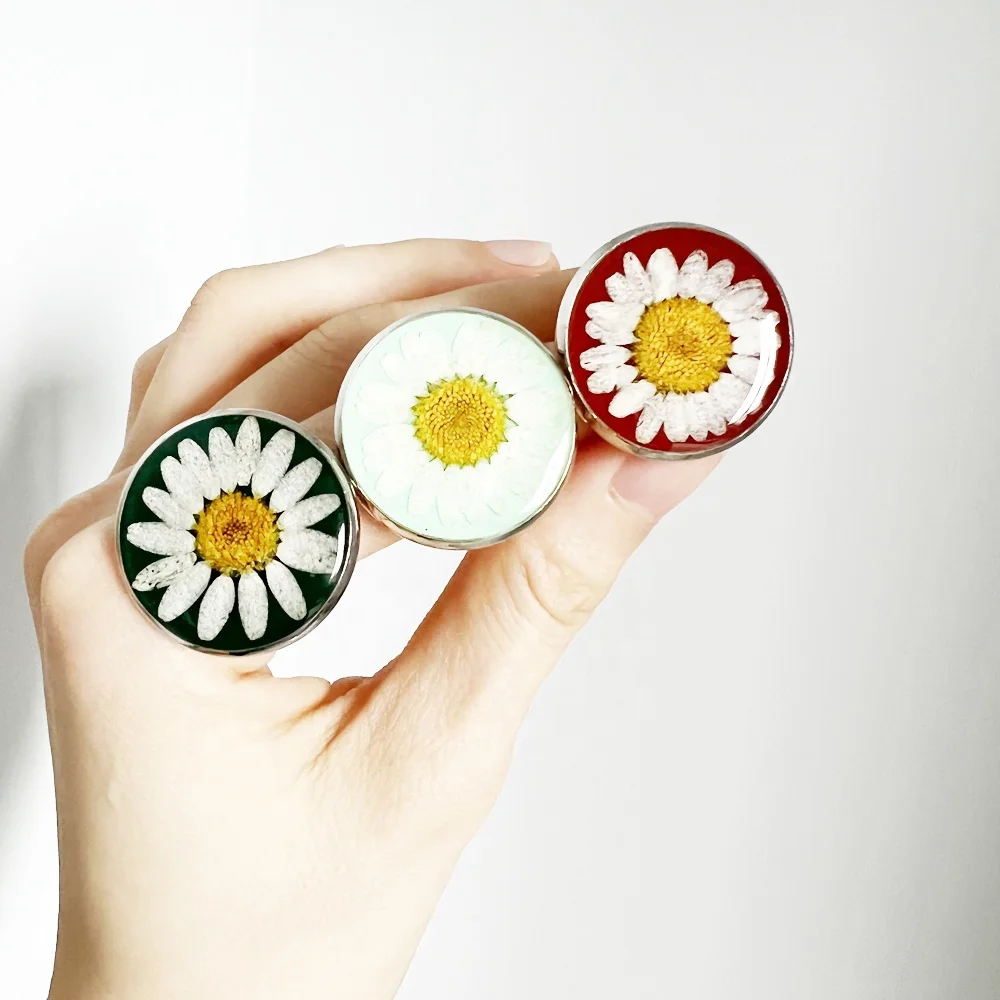 Fashion real dried flowers jewelry open adjustable size couple engagement flower bloom daisy ring for women