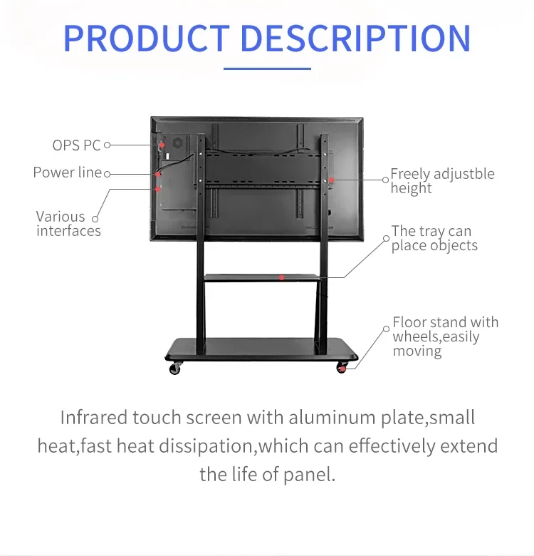 Infrared Interactive Digital Whiteboard Full Magnetic Glass with Aluminum Frame for Classroom Use with Wheels