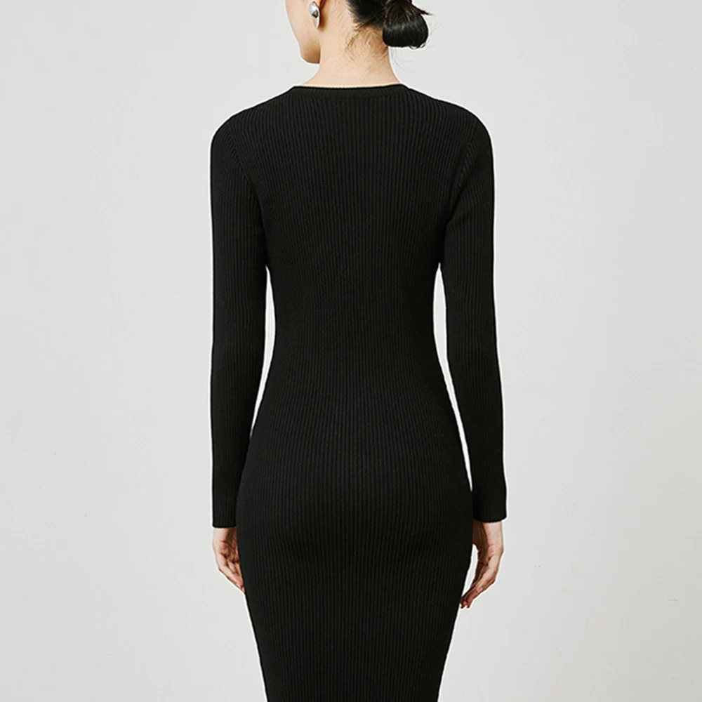GUOOU OEM customize hollow cut out high waist slim long niche wool mix knit sweater dress