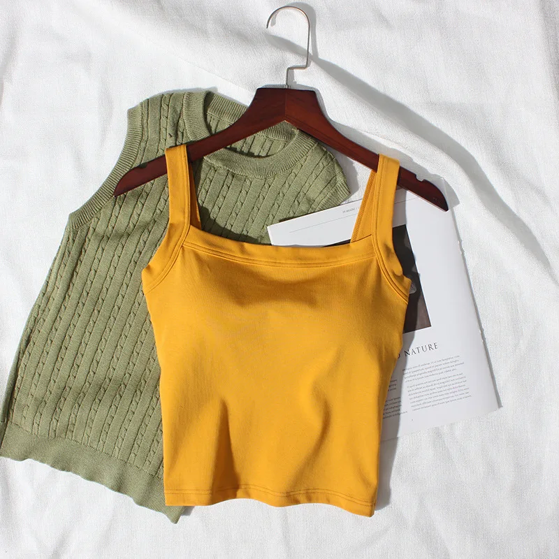 Slim strap integrated bra with thin top, inner layer with chest pad, square collar, outer wearing vest