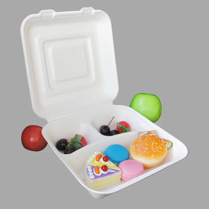 9*9inch 100% biodegradable sugarcane bagasse restaurant fast food takeaway food container 3 compartment lunch box