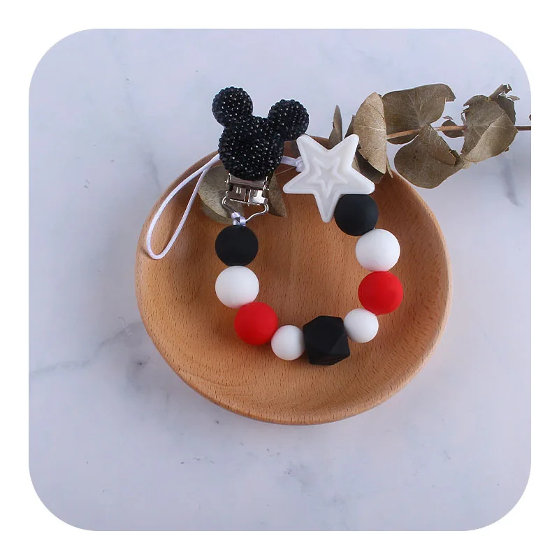 New Design Eco Friendly Bpa Free Cute Mouse Head Baby Teething Toy Dummy Chain Holder Silicone Pacifier Clip