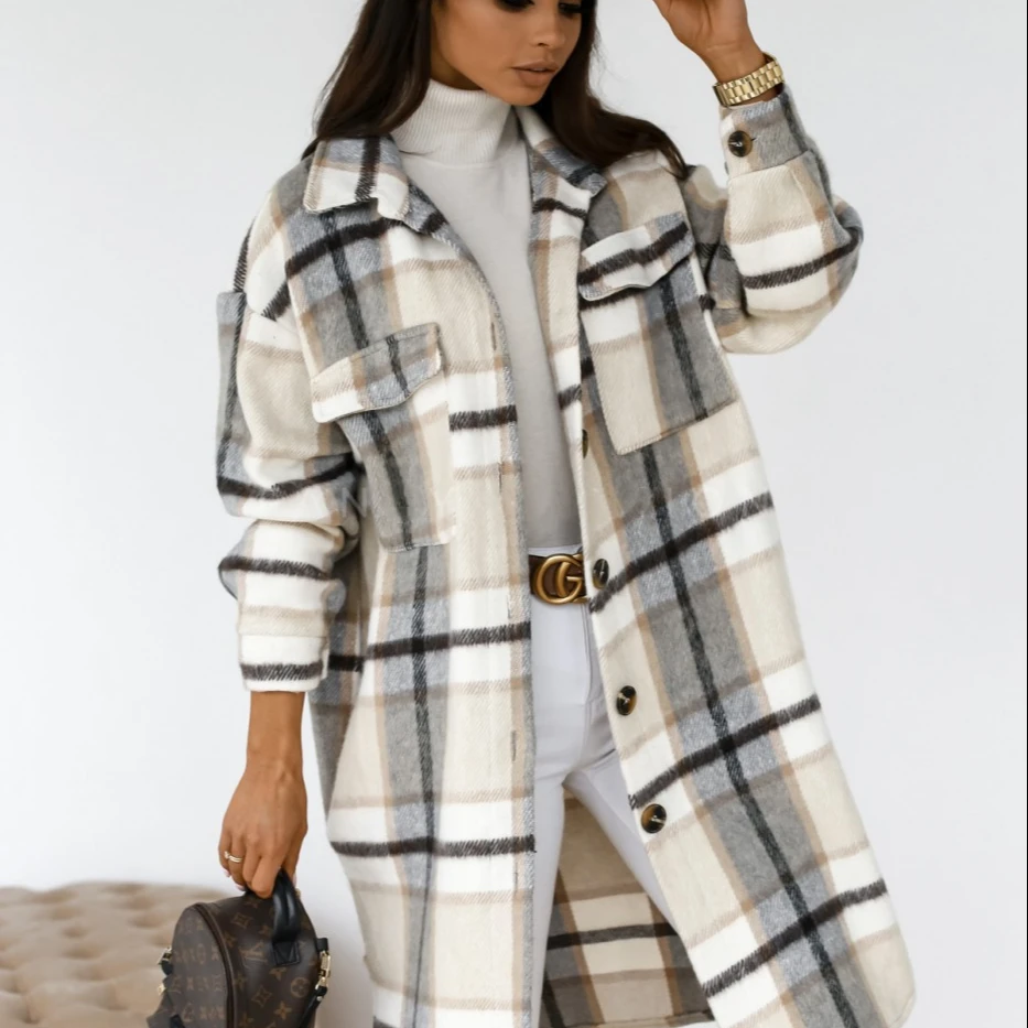 Женский клетчатый кардиган с принтом, длинная теплая куртка с высоким воротником, Длинные куртки, верхняя одежда 2022