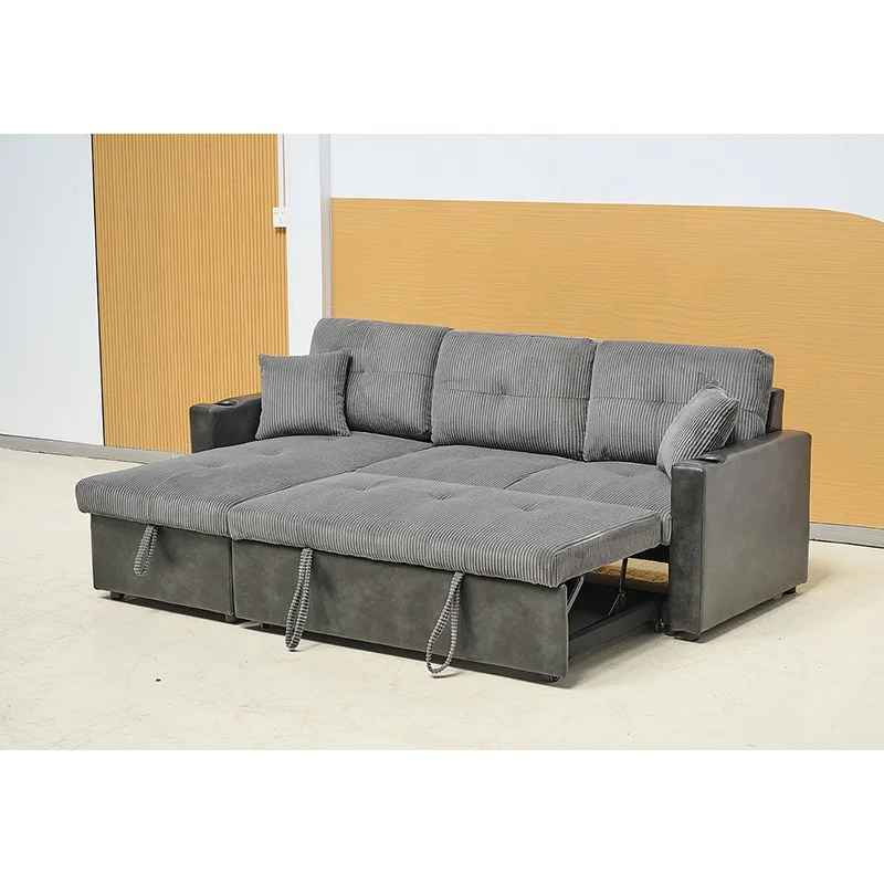 Corduroy Fabric And Synthetic Leather  Upholstered Sofa Bed Living Room Sofa Bed With Cupholders Foldable Sofa Couch Furniture