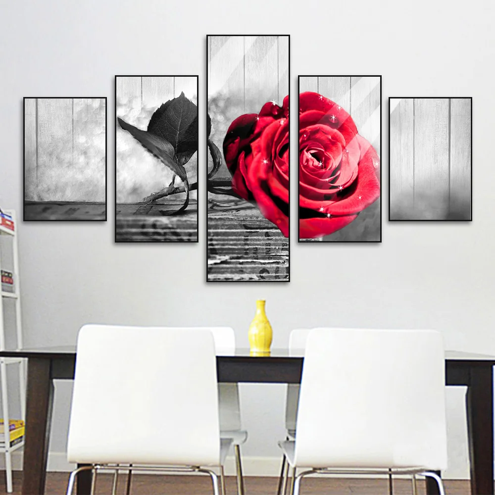 black and white rose Painting Decorative Home Decoration Living Room Picture Prints 5 Piece Wall Art