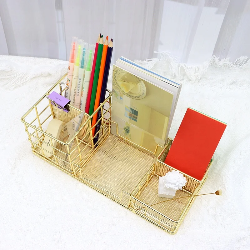 Gold Desktop Storage Manufacturer Custom Books Pens Organizer Basket