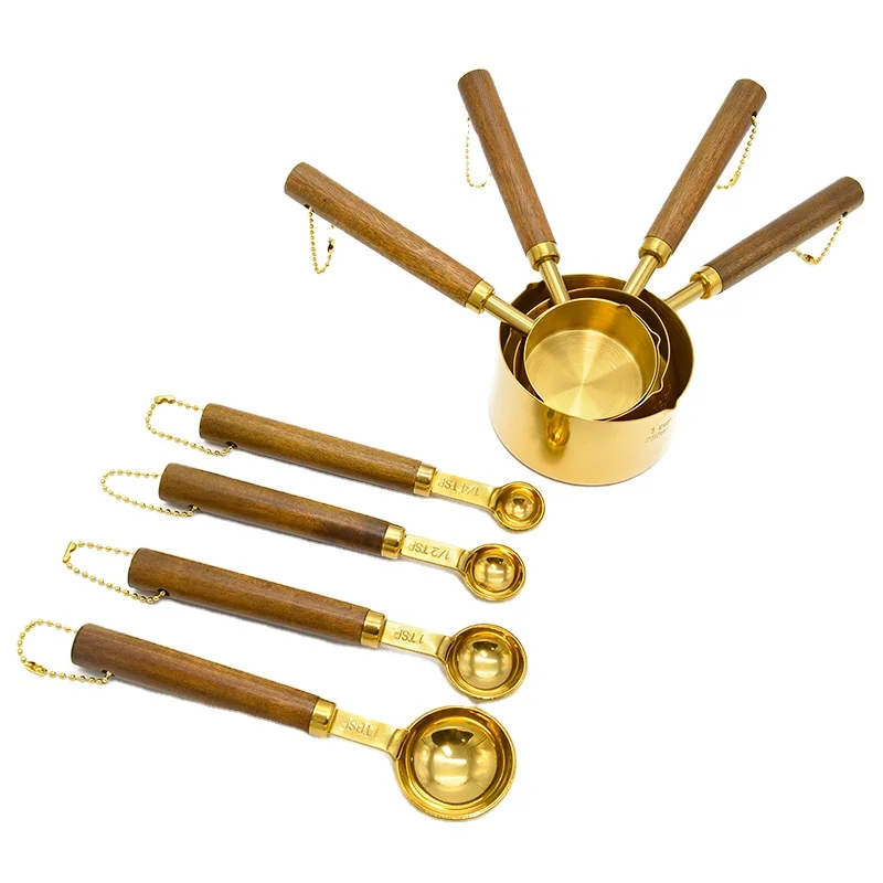 NEW Stainless Steel Gold Finished  8PCS Set Measuring Cups and Spoons  with Acacia Wood handle and Hanging Ball Chain
