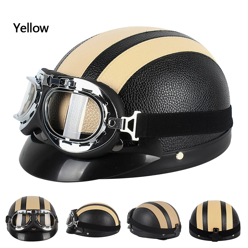 Motor Synthetic Leather Vintage Motorcycle Motorbike Scooter Helmets with Goggles
