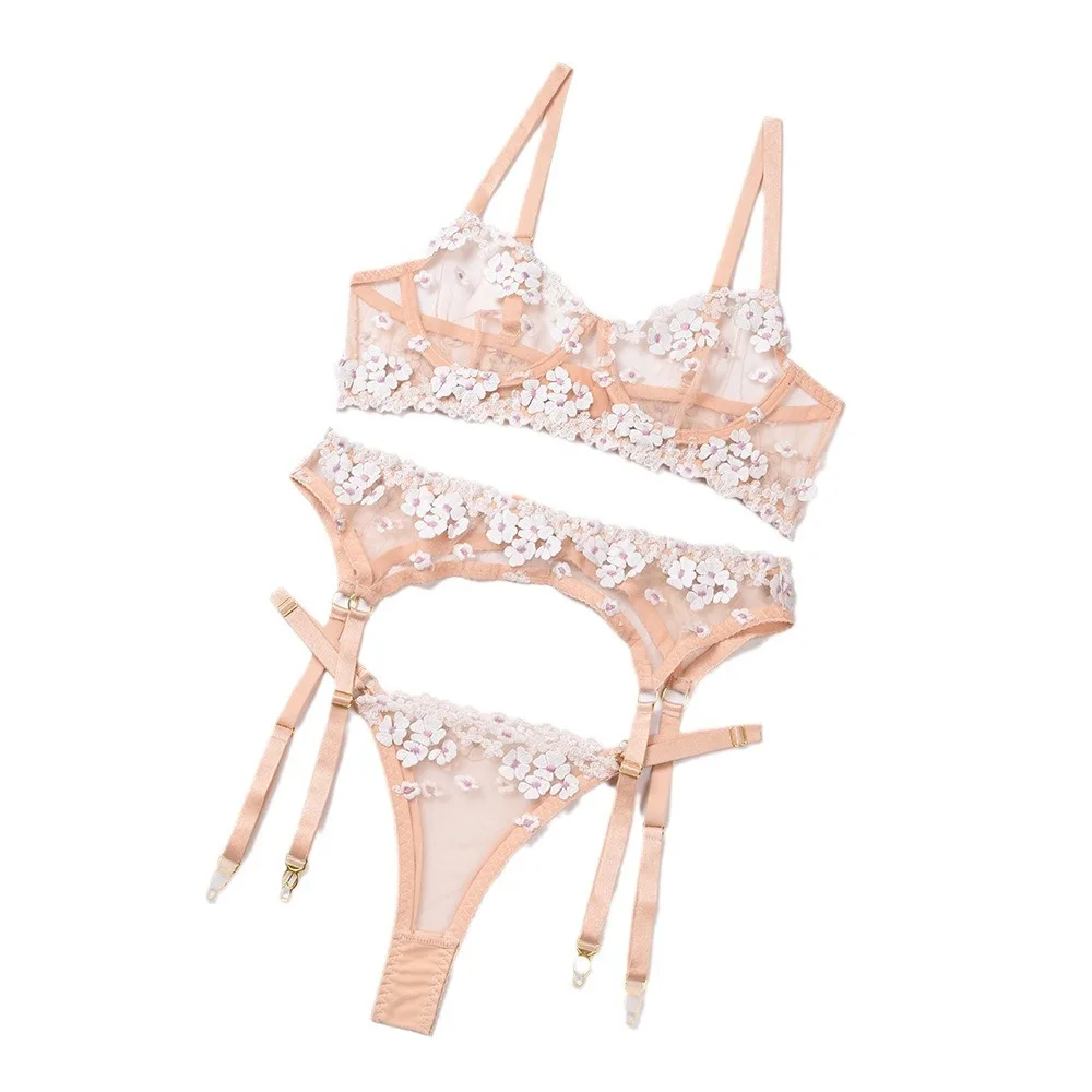 Women Lingerie Lace Transparent Bra Underewear Uncensore Lovely Floral Exotic Sexy Underwear Set Bra With Bones 3 Piece Set