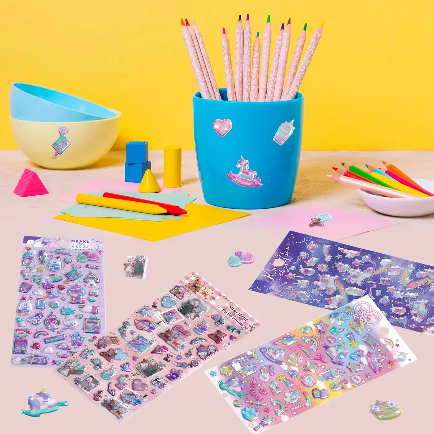 Customized wholesale Best Selling Fluffy Cartoon Stickers Kids Cute Unicorns Rainbowt Colorful Stickers 3D Bubble Stickers