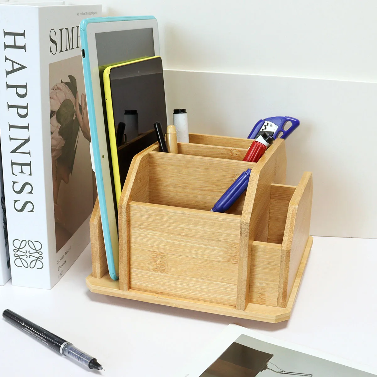 360 degree rotating office cable bamboo desk cosmetic storage bin makeup tray box bamboo desk organizer with Magazine Stand