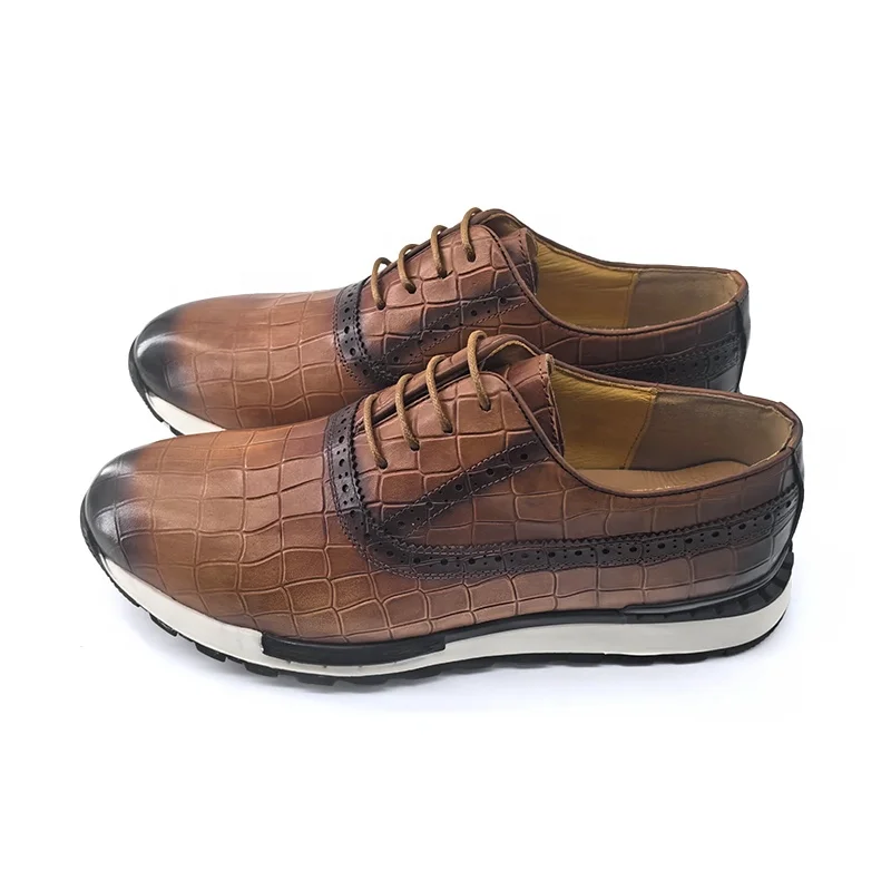 Best Seller Retro Crocodile Lace Up Pointed Casual Genuine Leather Brown Colored Sneakers Walking Office Party Dress Men Shoes