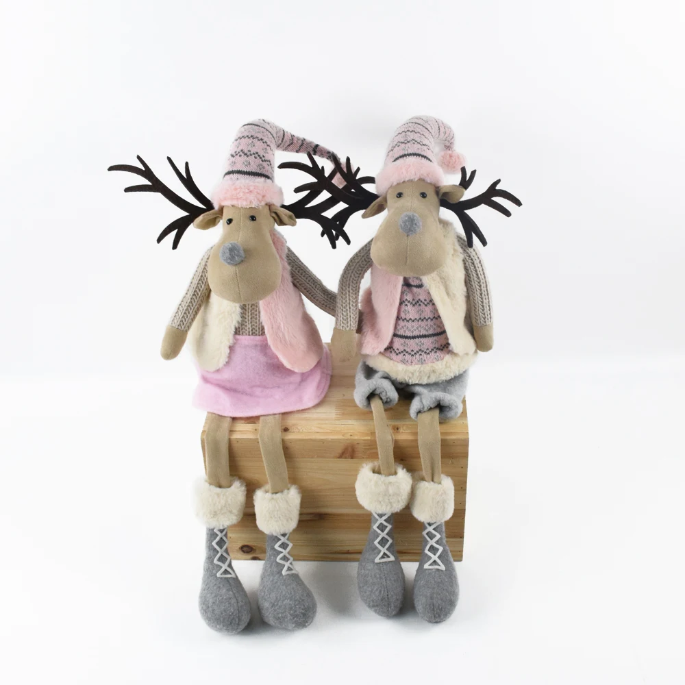 Factory Christmas Decoration Supplies Xmas Noel Ornaments Elk Moose Animated Pink Sitting Reindeer with Thin Antlers