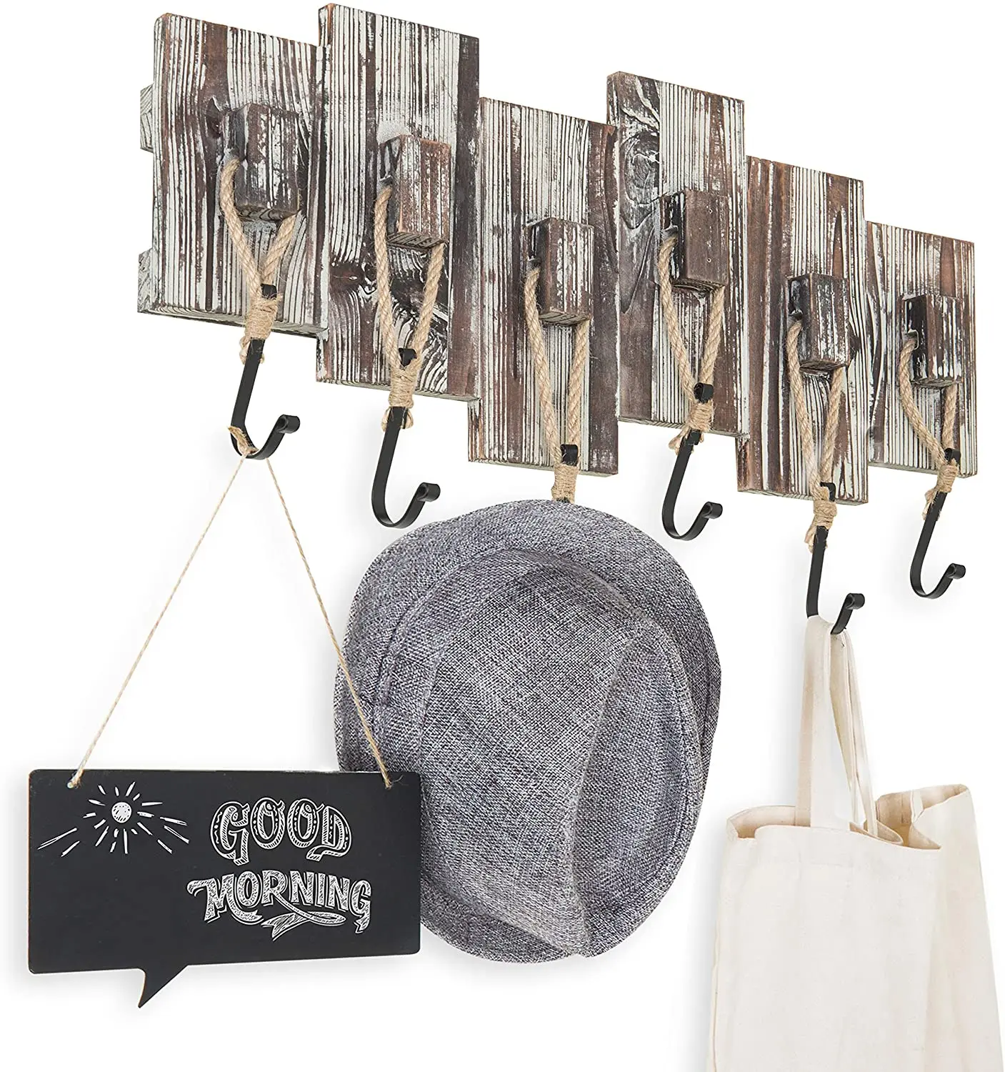 Wall-mounted twisted wooden hanger with 6 rope hooks for towel, scarf and hat for wall decoration, farmhouse key holder