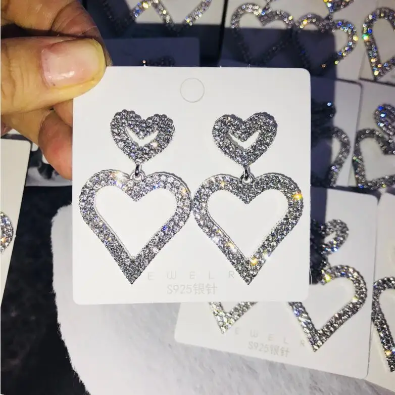 Fashion Exaggeration Diamond Earrings S925 Silvery Heart Earrings Temperament Joker Pendant Love Earring