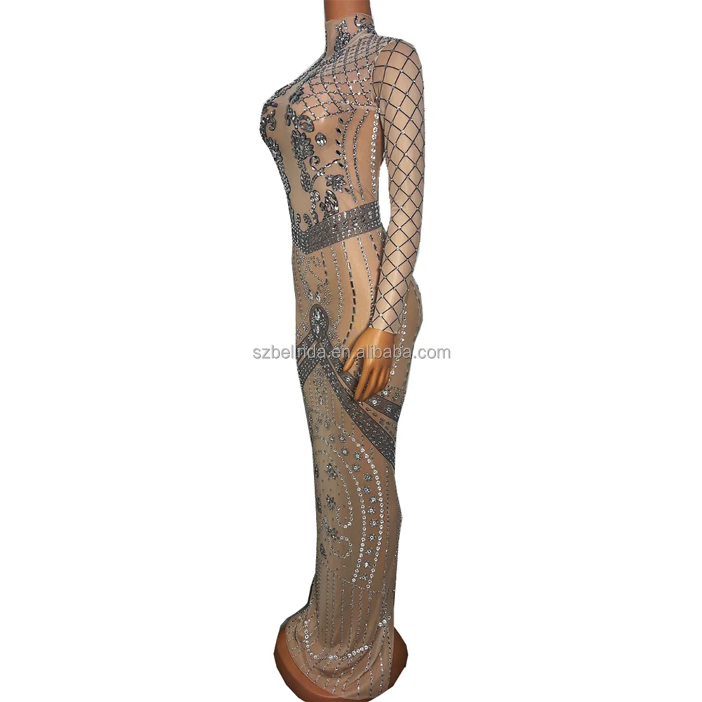 Sexy Nude Mesh Transparent Silver Rhinestones Dress Women Evening Birthday Celebrate Costume Stage Dancer Performance Outfit