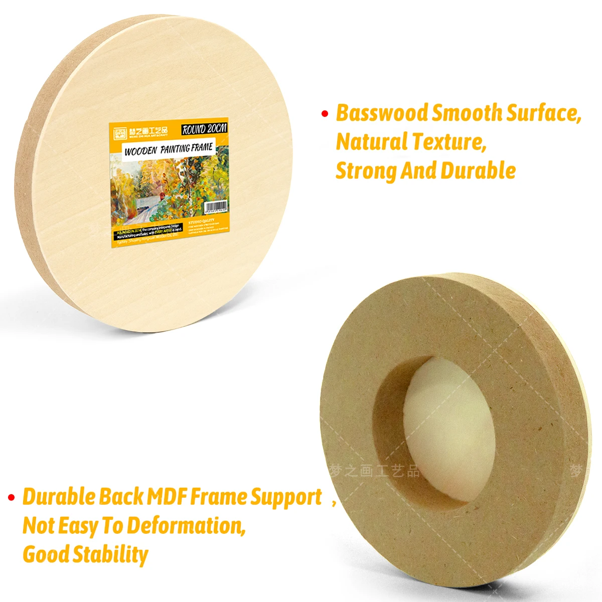 Art Supplies 10X10Cm Unfinished Wooden Painting Frame, Round Basswood Wooden Frame For Oil Acrylic Painting