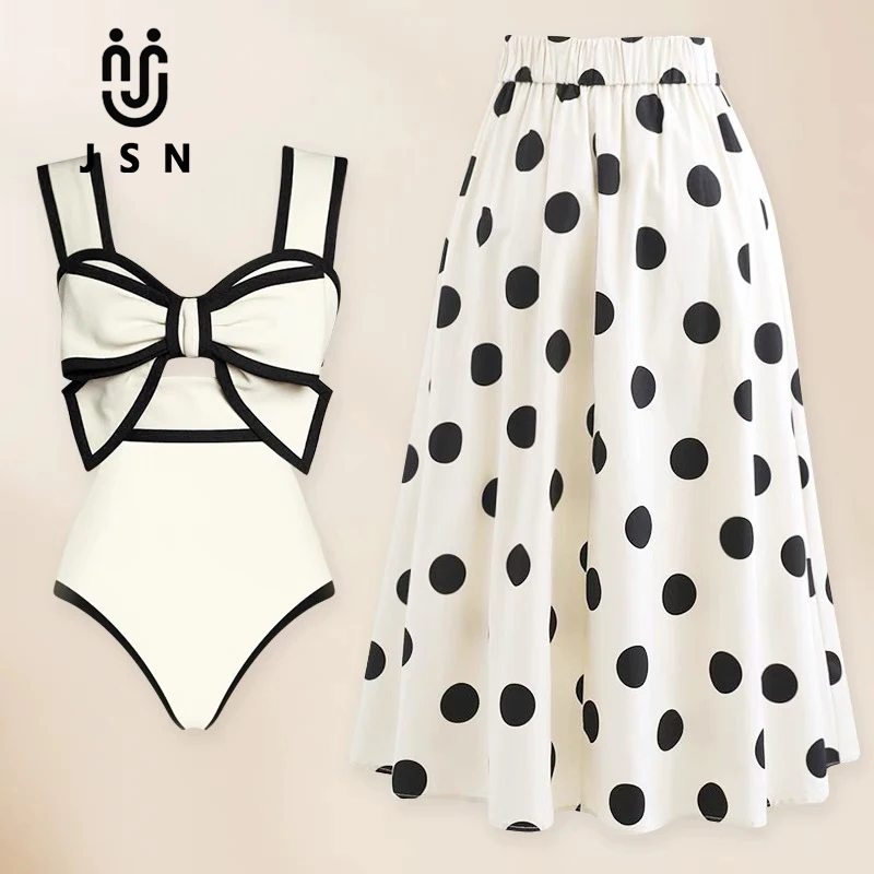 JSN 2024 Vintage Swimsuit and Skirt 3D Bow-tie One Piece Swimwear Women Bikini set Bathing Suit Two-pieces beach dress Monokini