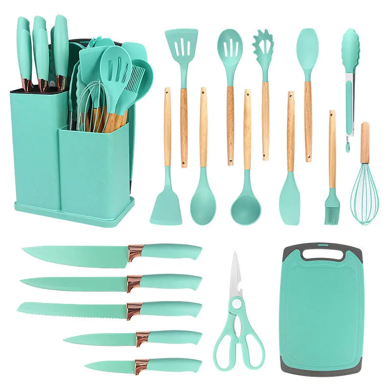 Hot Sale 19-Piece Silicone Kitchenware Set Includes Knife Set and Chopping Board Holder for Cooking Tool Sets