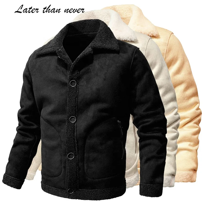 New Sherpa Lining Winter Mens PU Jacket Windproof  Stand Collar Men Leather Jacket Thick Suede Motorcycle PU Coat chaqueta hombr