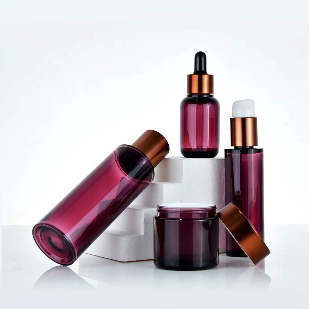 Wholesale Cosmetic Purple Plastic Skincare Packaging 30ml 50ml 110ml Plastic Toner Emulsion Lotion Serum Essence Bottle and Jar