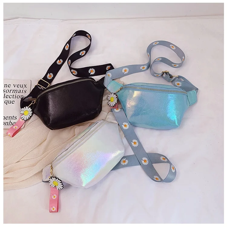 Gradient glitter PU fanny pack hologram wallet bum bag color weaving wide shoulder strap chest bags