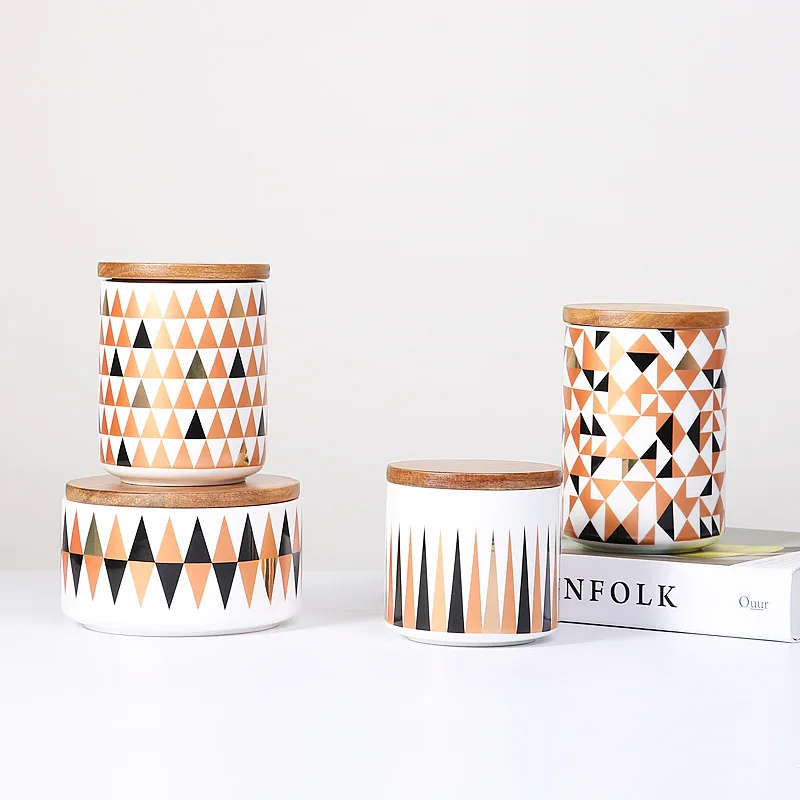 Geometric pattern Porcelain Container Ceramic kitchen Food Storage Jar Wooden Lid Canister Serving Tea Coffee Sugar Canister
