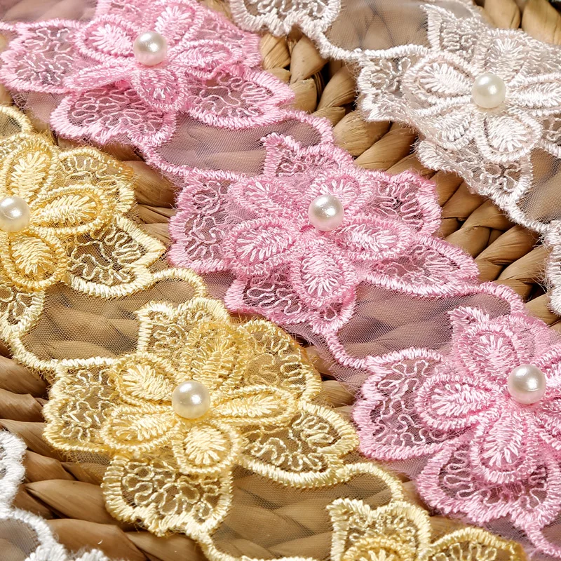 wholesale polyester 3D flower organza beaded lace colorful Embroidery Flower Chantilly Lace Trim for dress clothes decoration