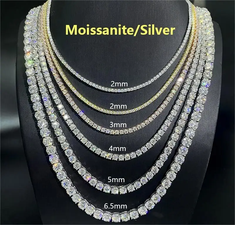 Бижутерия 2 0 мм 3 4 5 6 VVS Moissanite 925 Серебристая теннисная цепь