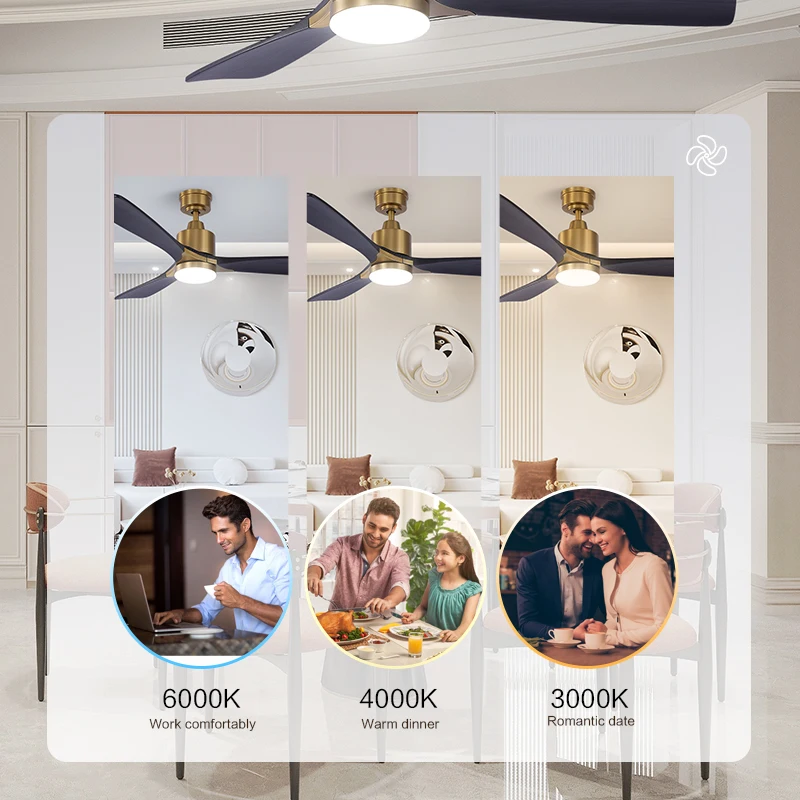 Modern 52' Copper Black 3 Solid Wood Metal Body Led Ceiling Fans With 3 Color Dimming 1-6 Gears Speed All Copper Motor