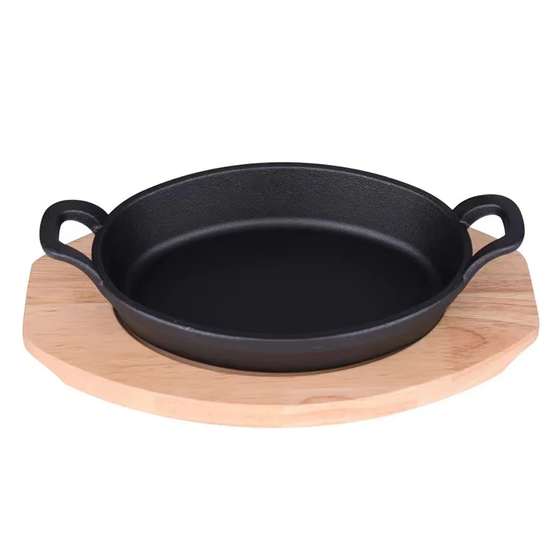 Sizzling Steak Plate Set with Wooden Base Cast Iron Server Plate Grill Fajita Server Plate for Home or Restaurant Use