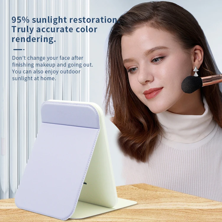 Unbreakable Stainless Steel Rectangular Tiny Pu Frame Handheld Pocket Makeup Mirror With Led Light