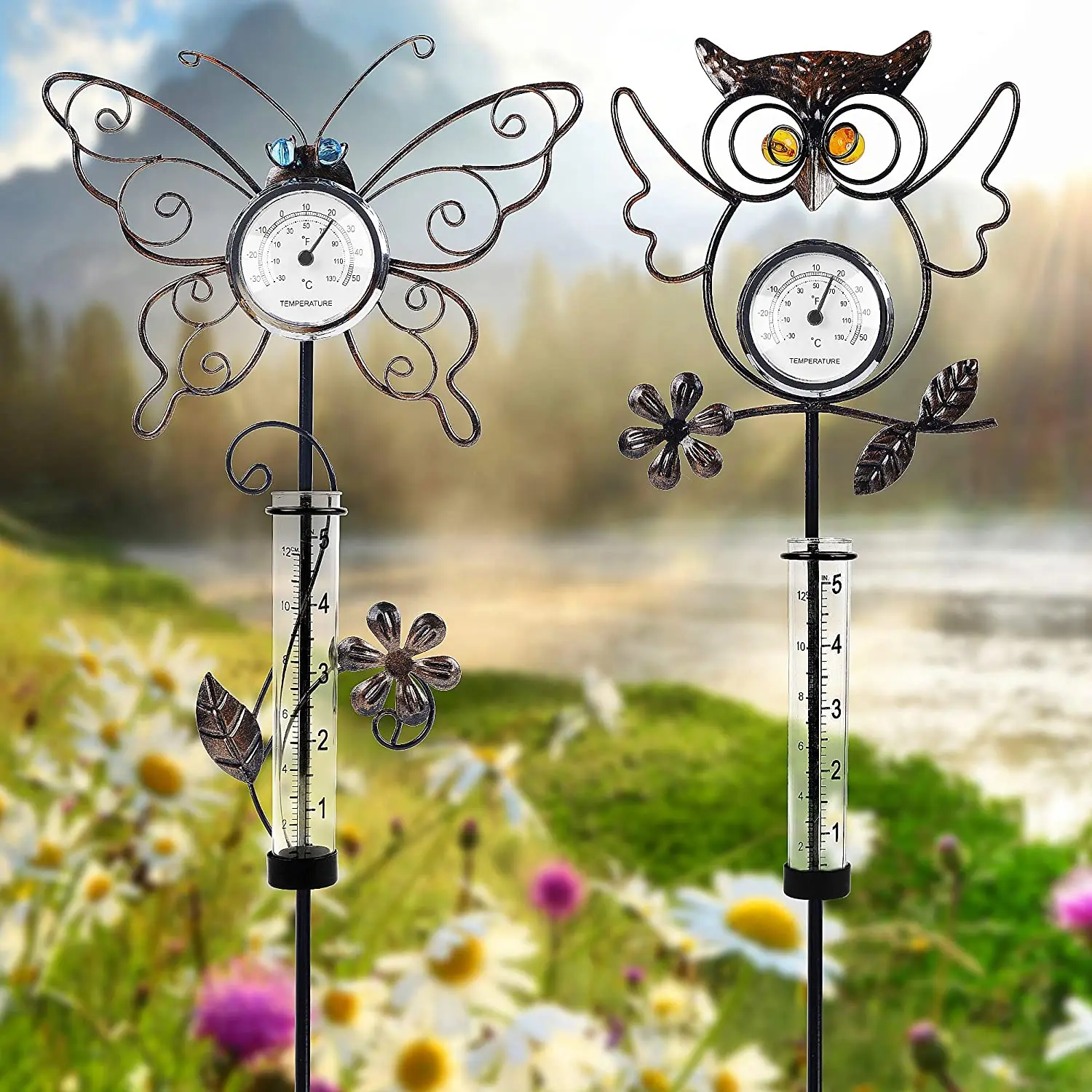 Rain Gauge with Thermometer, Butterfly Owl Garden Stakes Decor, Waterproof Rustproof Metal Yard Art Outdoor Lawn Decorations