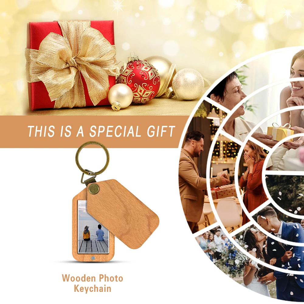 Natural Wood Keychain With Photo Frame Engraved Name Wooden Car Keyholder Pedant Gifts For Lover