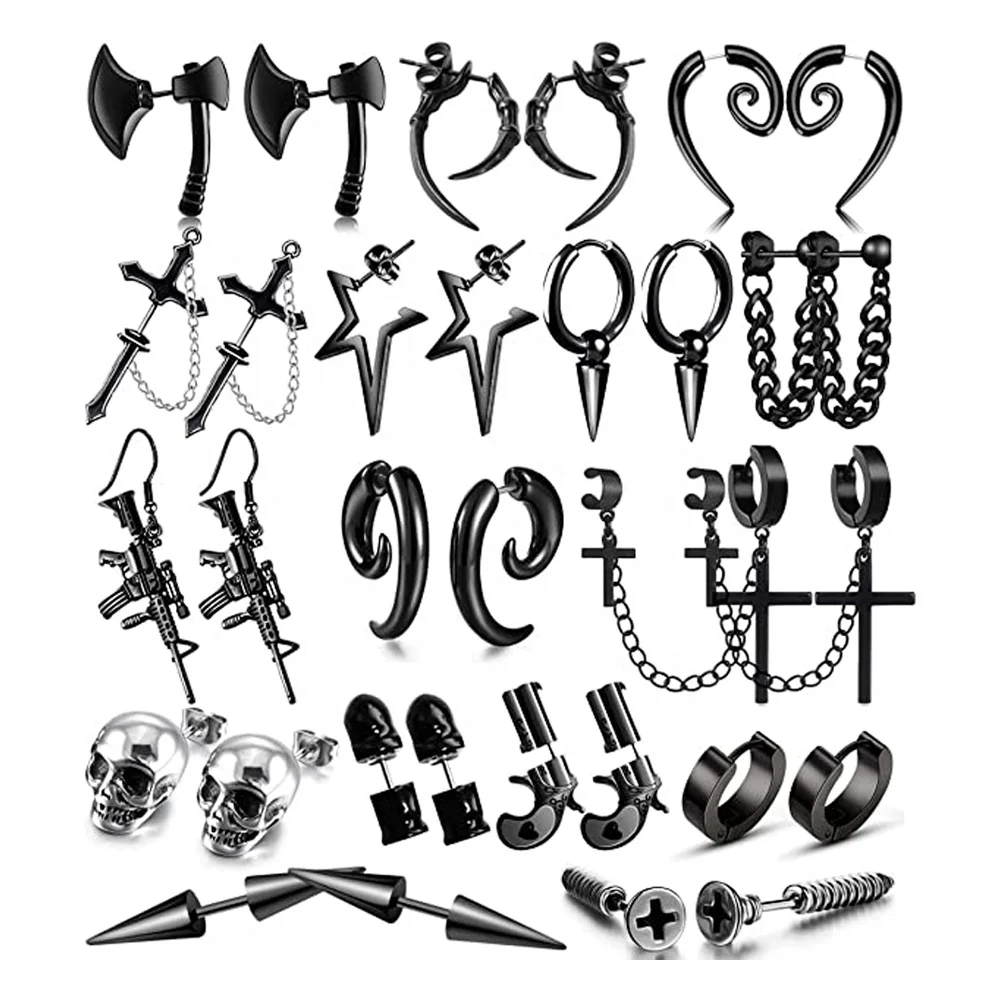 316L Stainless Steel Punk Black Dangle Earrings Axe Skull Screw Cone etc Huggie Hoop Long Chain Hoop Piercing Earrings