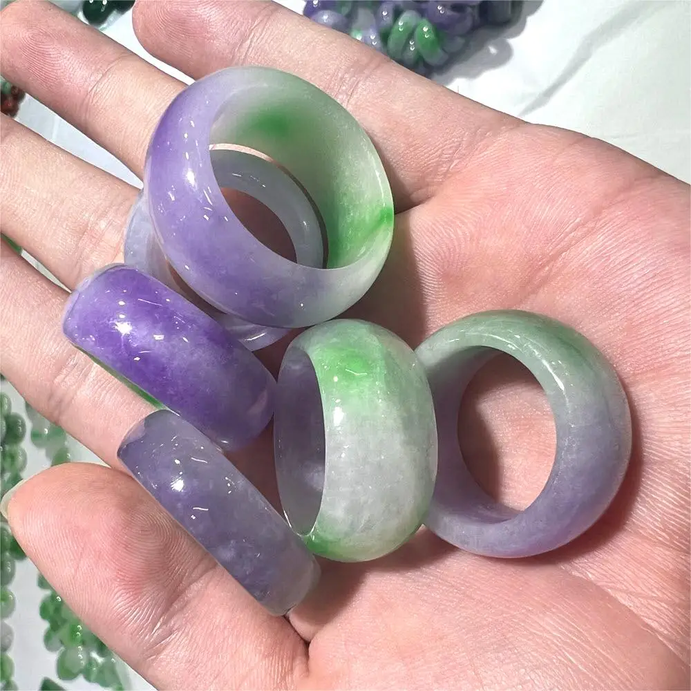 Natural Big Size Green Purple Jade Ring Jadeite Rings Thumb Rings Jewelry Pure Stone Straight Arc Edge For Men Women