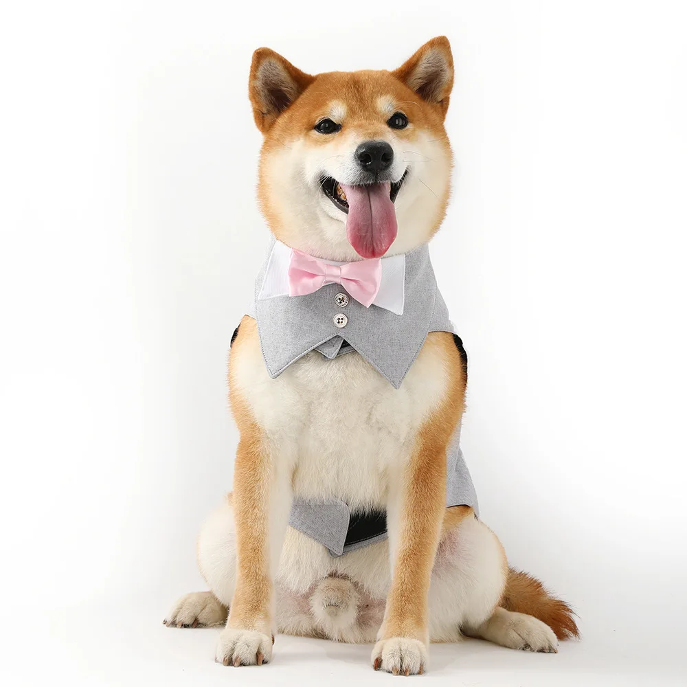 Wholesale Four-Color Linen Dog Suit Waistcoat Dress New Cross-Border Pet Tuxedo with Saliva Towel Two-Piece Clothing