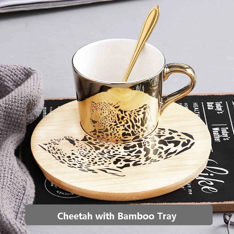Ceramic Coffee Cup And Saucer Gift Ser Mirror Mug Magic Reflection Imaging Animal Mug with Ceramic and Bamboo Tray