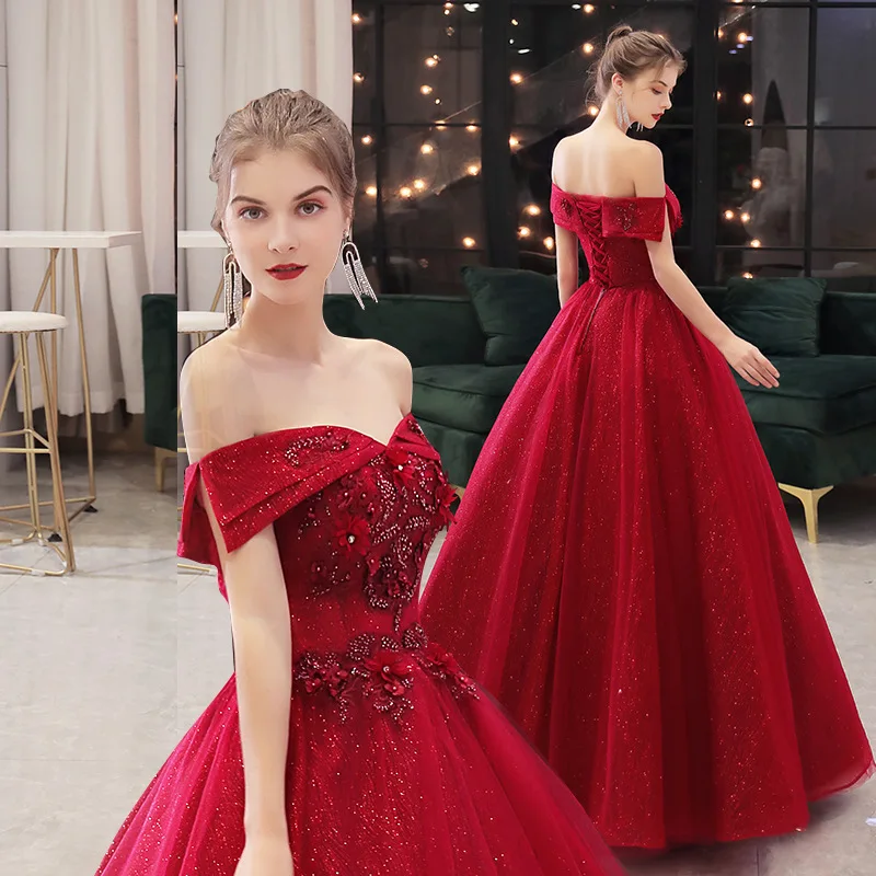 New Design Elegant Wine Red Ball Gown Wedding Dress One Shoulder Wedding Dress Bridal Gown Embroidered Princess Evening Dress