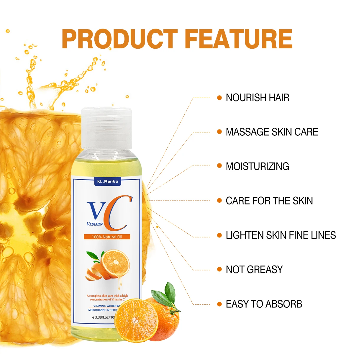 Custom Logo OEM ODM Natural Organic VC Whitening Massage Oil  Lightening Pure Vitamin C Body Glow Oil For Skin Care Products