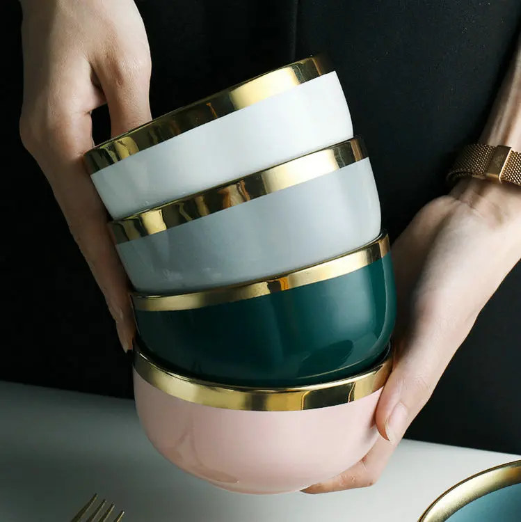 Bulk round restaurant serving white porcelain cereal soup rice bowl with gold line